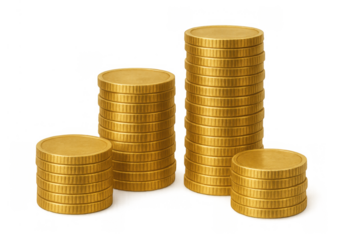 Gold coins stacking up, symbolizing financial growth, investment, savings, and wealth accumulation, transparent background