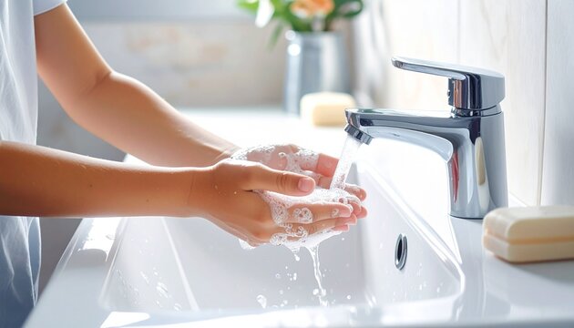 流水と泡で丁寧に手を洗う清潔シーン4