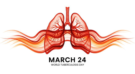 Red abstract lungs with fiery orange waves and text March 24 World Tuberculosis Day respiratory organ