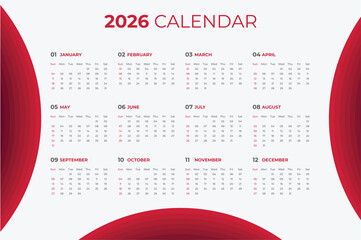 Modern 2026 wall calendar template with elegant red and white layout, minimal typography, and corporate style design for office, business, and print use.