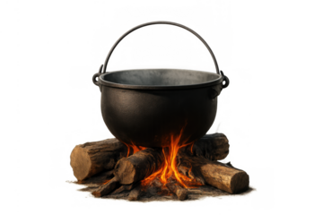 Cast iron witch's cauldron boiling over a log fire, cooking, magic, and halloween ritual on transparent background
