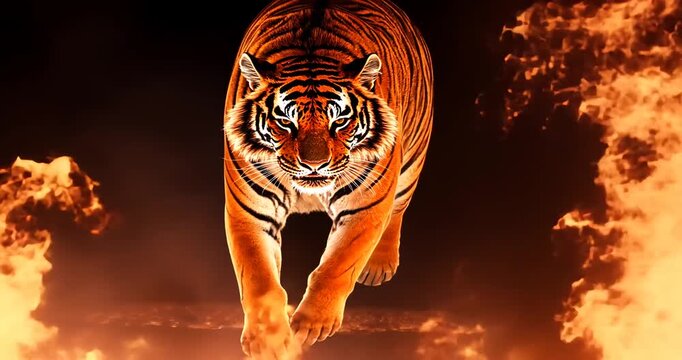 Majestic tiger charging through a fiery landscape, showcasing power and intensity in nature