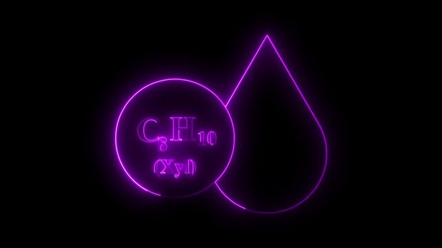 A glowing neon illustration featuring the chemical formula C₈H₁₀ (Xyl) with a droplet symbol, representing xylene.The futuristic design highlights chemistry, science, and molecular visualization in a 