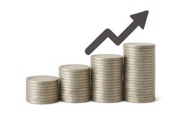 Stacks of coins showing financial growth with an upward trending arrow chart on transparent background