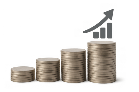 Stacks of coins showing financial growth and investment increasing with an upward arrow and bar chart