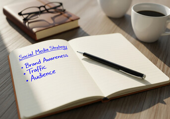 Social media strategy notes with coffee, glasses, and a book on a wooden desk