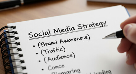 A notebook with social media strategy notes sits open on a desk next to a cup of coffee and a pair of glasses