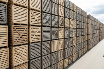 Wide shot of stacked large wooden crates.