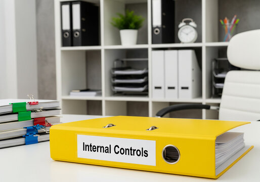 A yellow binder labeled "Internal Controls" sits on a desk in a bright office environment, suggesting organization and management