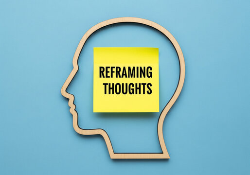 Psychology and Self-Improvement: Wooden Head Silhouette with 'Reframing Thoughts' Sticky Note