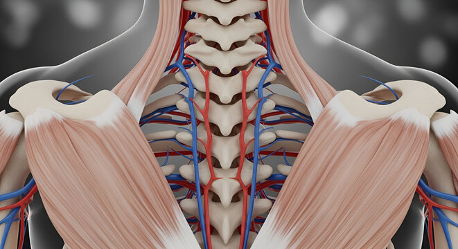 Anatomical Illustration of Shoulder and Neck with Muscles and Blood Vessels