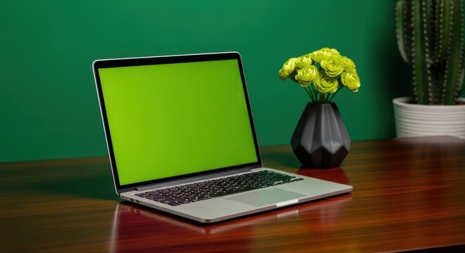 Modern laptop with a vibrant green screen on a wooden desk, next to a vase of flowers and a cactus