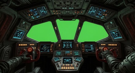 Futuristic spaceship cockpit interior with green screen windows and complex control panels, ready for compositing
