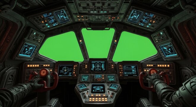 Futuristic spaceship cockpit interior with green screen windows and complex control panels, ready for compositing