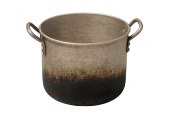 Old aluminum cooking pot with burnt exterior, vintage kitchenware and rustic utensil on transparent background