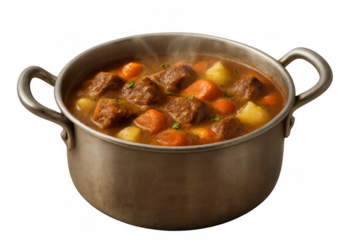 Beef stew simmering in a metal pot, steam rising from the hot nourishing meal on a transparent background