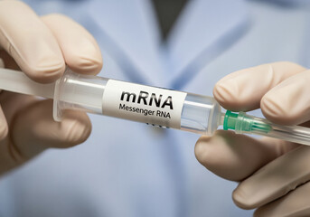 Naklejka premium Medical Professional Holding Syringe Labeled mRNA For Vaccine Research And Immunization In Lab Setting