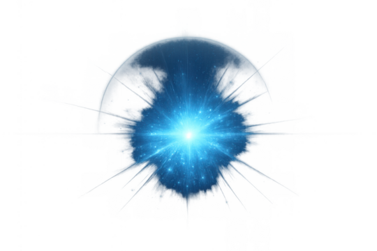 Blue light burst energy explosion on transparent background creating power wave effect with glowing particles