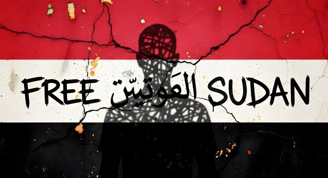 Distressed Sudanese Flag Graffiti Wall Call Freedom Silhouette Man Symbolizing Sudan's Struggle Against Oppression Demonstrating Solidarity Resilience Demand Liberty