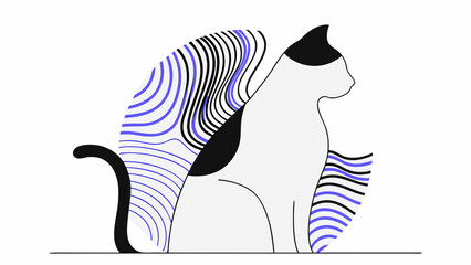 Stylized cat with black and white markings and abstract wavy blue and black lines on a white background on transparent background silhouette