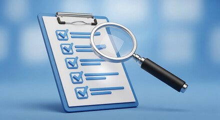 Clipboard with checklist and magnifying glass on blue background search