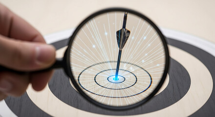 Hand holding magnifying glass over dartboard with arrow in bullseye and glowing effect lens search