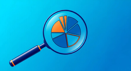 Magnifying glass over blue and orange pie chart on bright blue background lens