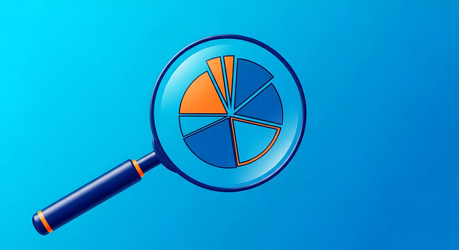 Magnifying glass over blue and orange pie chart on bright blue background lens
