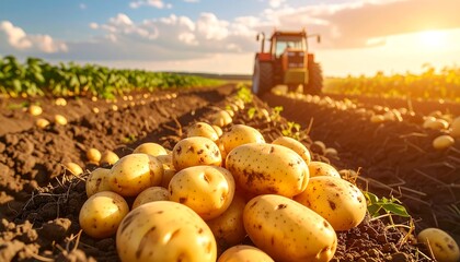 Potatoes in a field, sunset over a tractor
