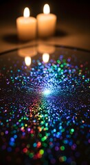 Two lit candles casting a warm glow over a surface decorated with colorful, shimmering glitter particles creating a calming and magical atmosphere
