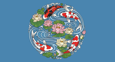Captivating koi fish art illustration with water lilies and serene blue background