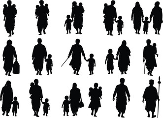 Diverse silhouettes of families and individuals walking together in various poses and activities