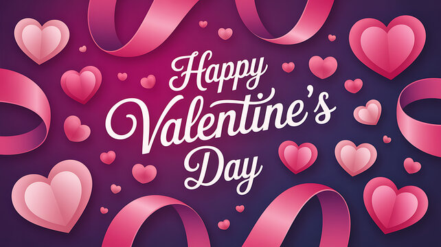 Happy valentines day with pink hearts and ribbons background - Powered by Adobe