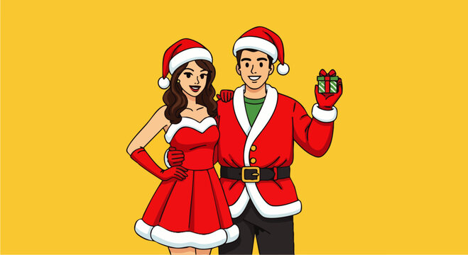 Flat vector illustration of a happy couple wearing party dresses and Santa hats posing cheerfully on a bright background, ideal for Christmas marketing, holiday invitations, or seasonal promotions - Powered by Adobe