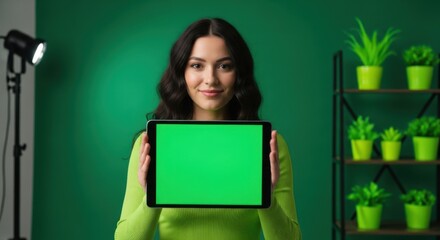 Young woman holding a tablet with a green screen in front of a green background, studio lighting