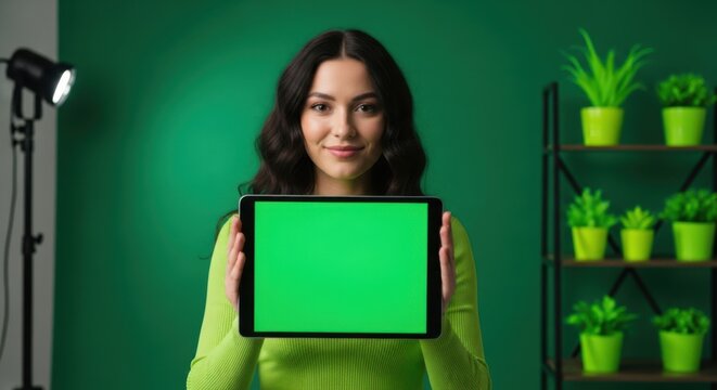 Young woman holding a tablet with a green screen in front of a green background, studio lighting - Powered by Adobe