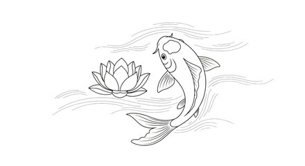 Elegant black and white depiction of a koi fish swimming beside a serene lotus flower