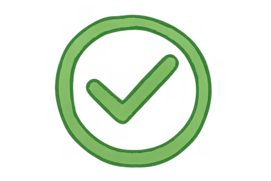 Green check mark or tick icon in a circle representing approval, success, verification, and completion on transparent background