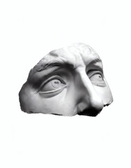 Close-up of a weathered sculpture fragment: a nose and eyes evoke classical artistry and the enduring power of form on a stark white.