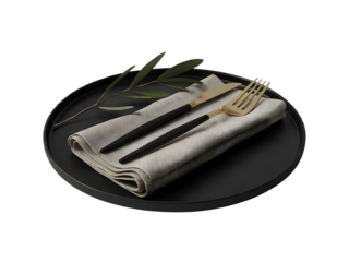 Elegant gold and black cutlery set with linen napkin and olive branch on a black plate isolated on transparent background