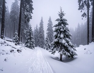 雪に覆われた森の小道、冬の静かな朝、木々に雪が積もり、霧が立ち込める幻想的な景色