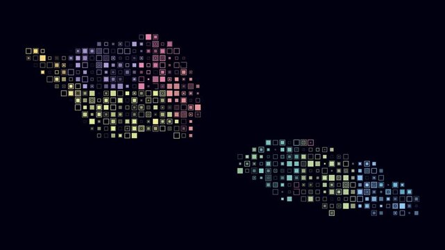 Samoa animation. Shape of the country with pulsating colored dots. Small size square blocks. Digital style map on dark background. Awesome video.