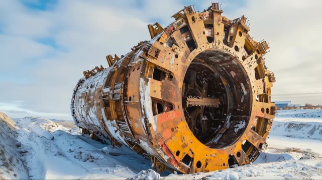 Large tunnel boring machine abandoned in winter landscape near construction site