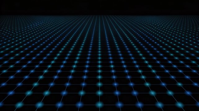 A wide, dark grid of blue and teal glowing dots extends into the background, showcasing a sense of vastness and technological order.