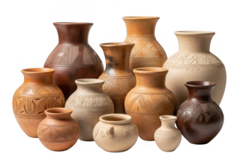 Collection of various antique pottery vases and jars isolated on transparent background