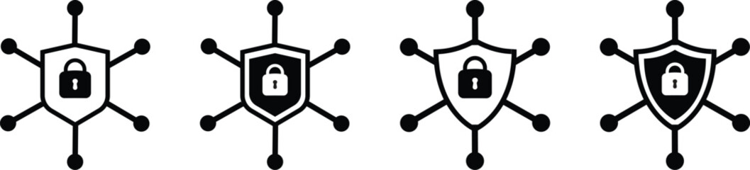 Illustration of a cybersecurity shield with a padlock symbol connected to multiple network nodes