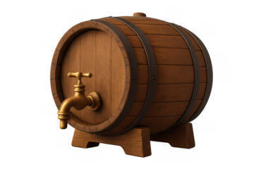 Wooden barrel with brass spigot and stand, holding beer, wine, or ale, vintage drink container on transparent background
