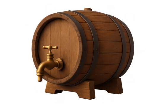 Wooden barrel with brass spigot and stand, holding beer, wine, or ale, vintage drink container on transparent background - Powered by Adobe