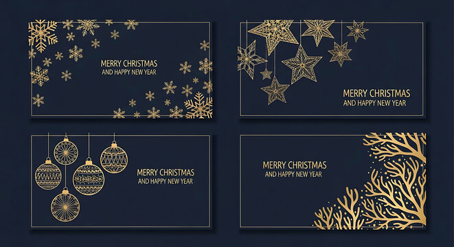 Four dark blue Christmas greeting cards with gold ornate designs year