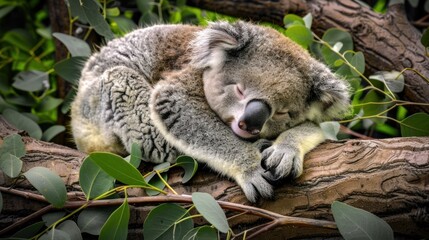 Fototapeta premium Koala Bear Sleeping on Tree Branch in Green Foliage